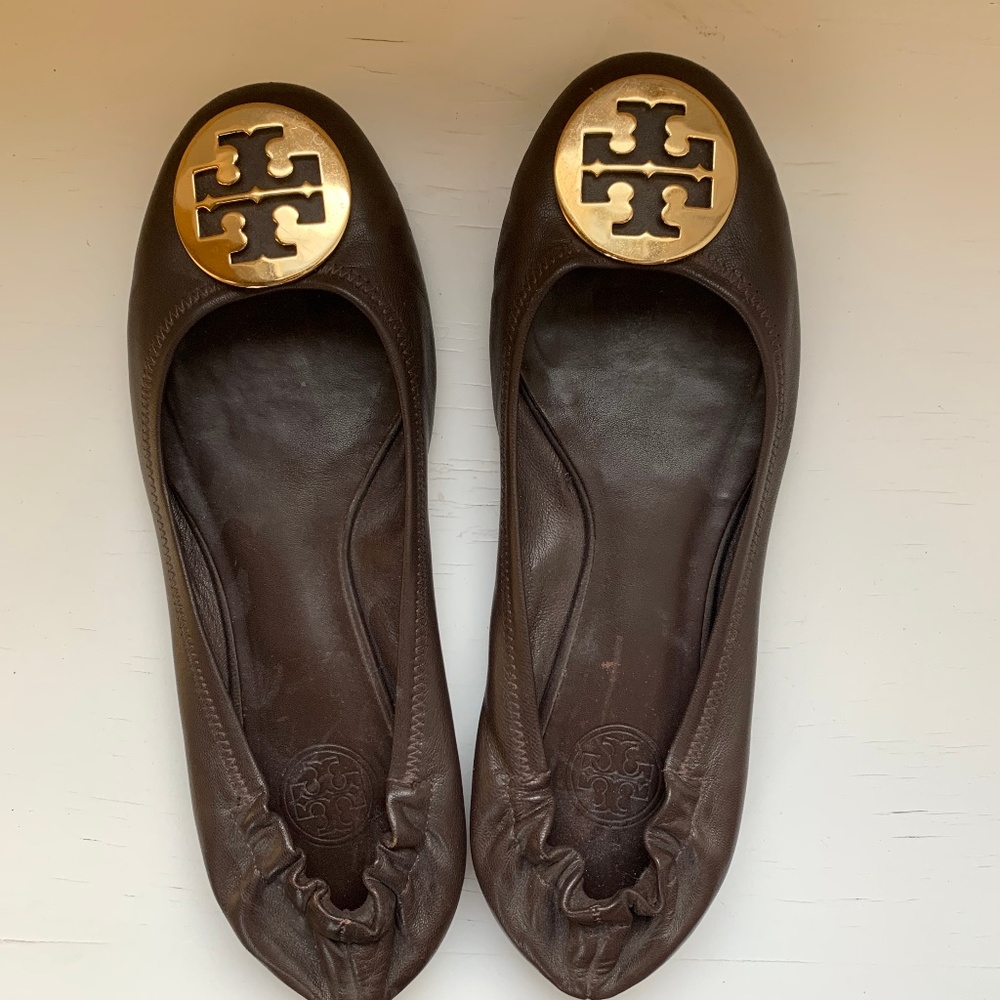 Tory Burch Brown Leather Logo Ballet Flats